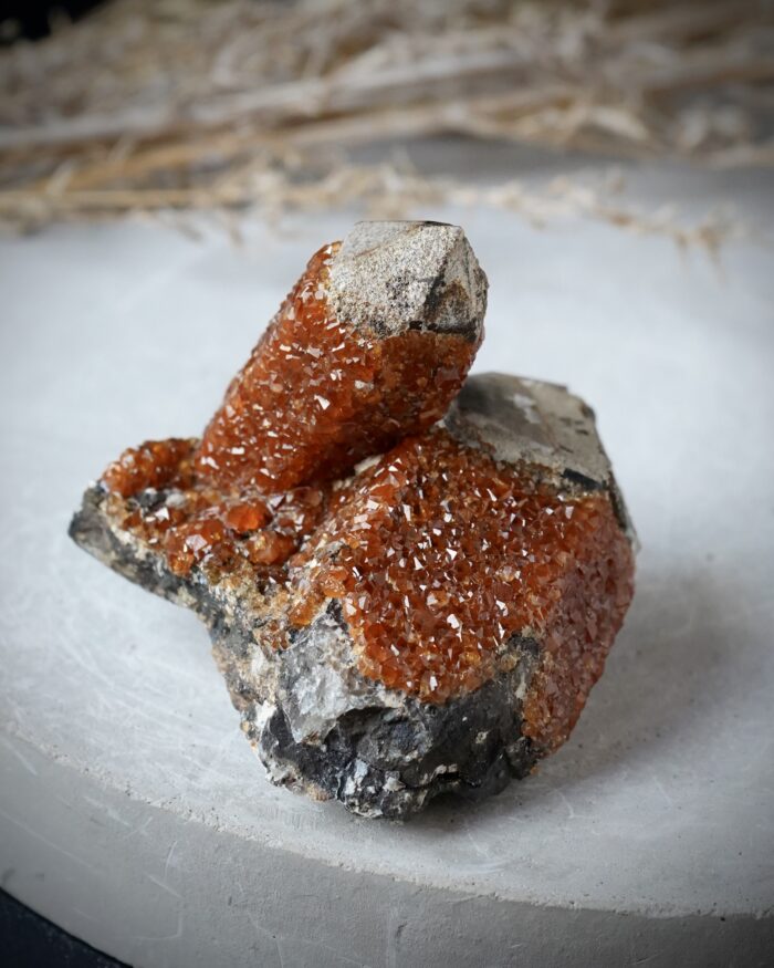 spessartine garnet on smokey quartz