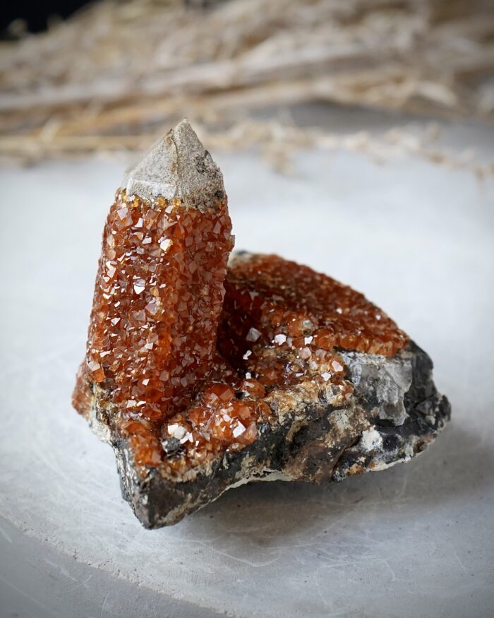 spessartine garnet on smokey quartz