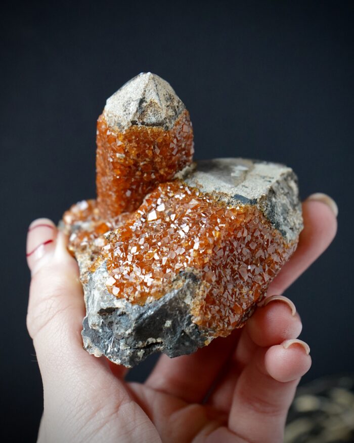 spessartine garnet on smokey quartz