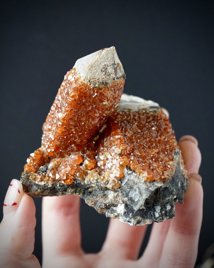 spessartine garnet on smokey quartz